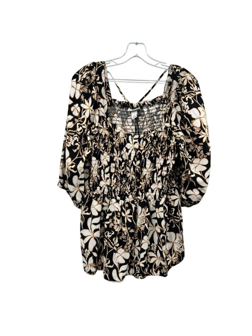 Ava & Viv Womens Floral Top Short Puff Sleeve Square Neck Black/Multi Size 2X